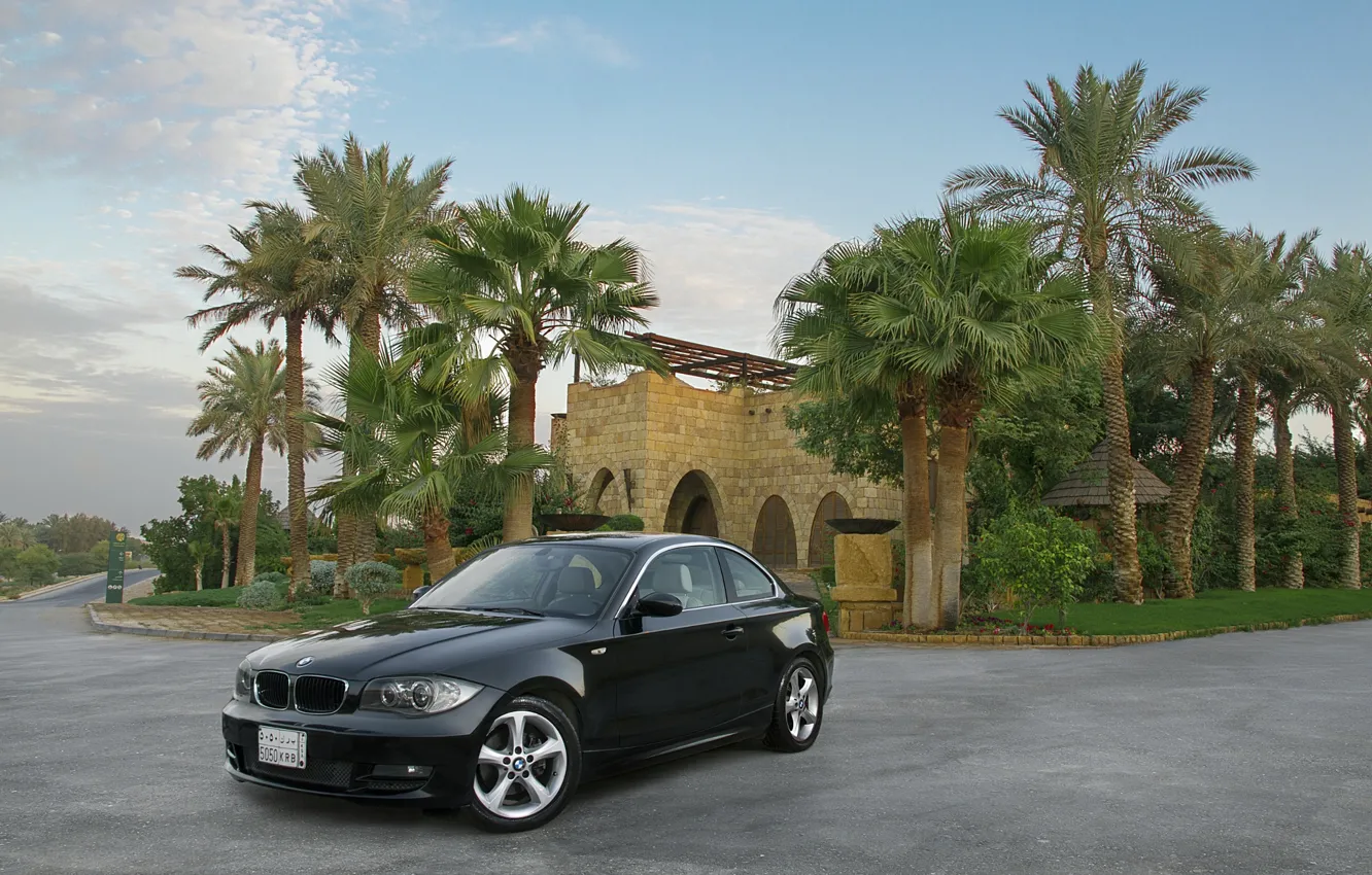 Photo wallpaper machine, palm trees, black, mansion, BMW 125i