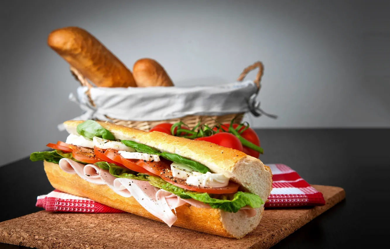 Photo wallpaper background, basket, cheese, bread, sandwich, tomato, ham