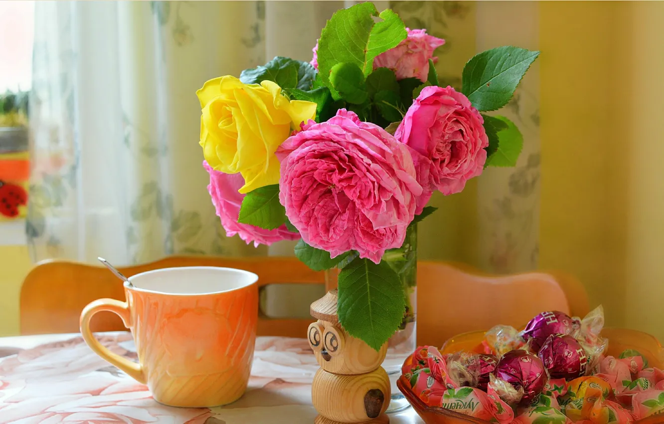 Photo wallpaper Candy, mug, Roses, Cup, Roses