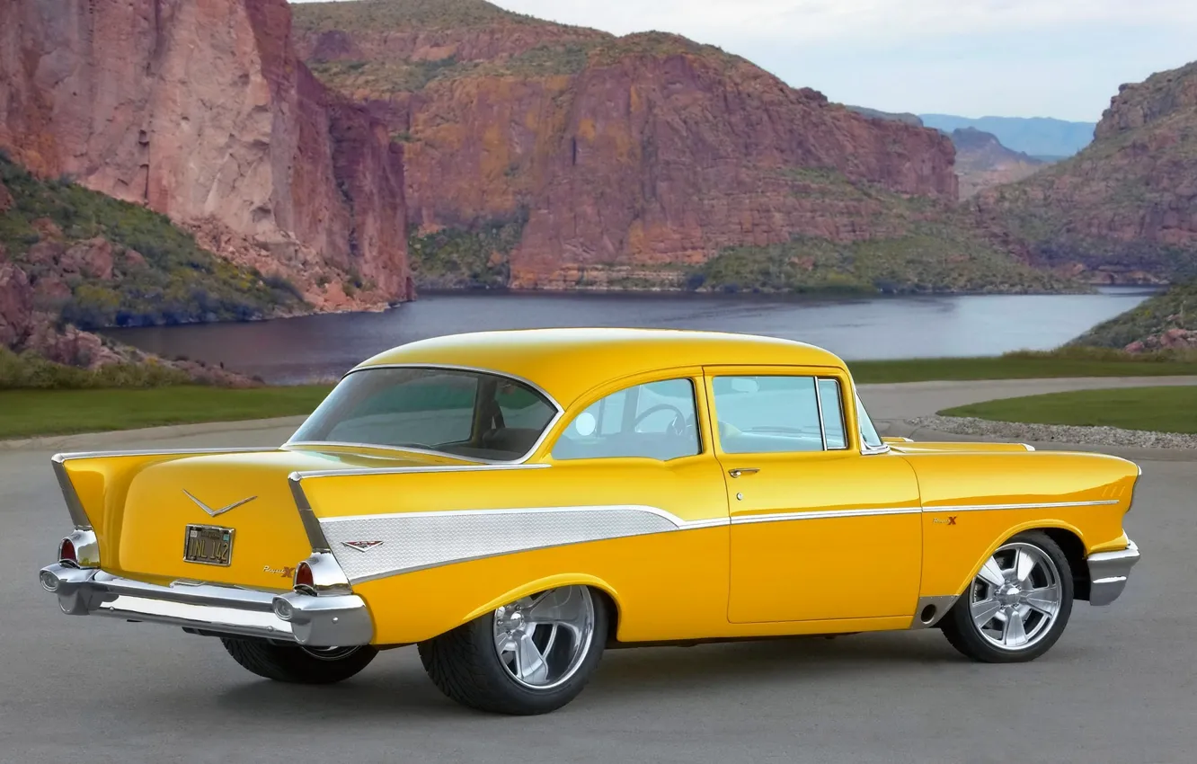 Photo wallpaper mountains, retro, Auto, Yellow, Lake, Chevrolet, Day, Side view