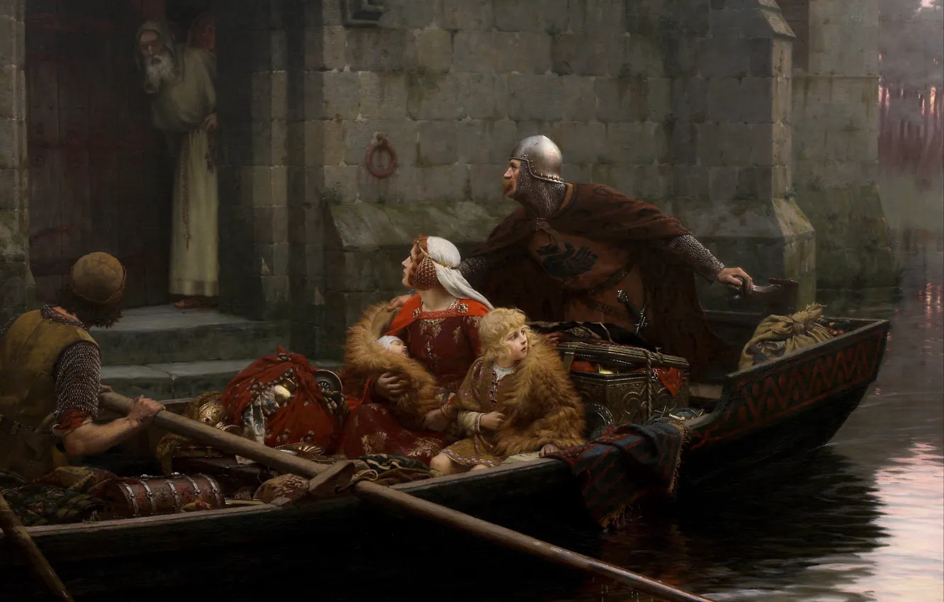 Photo wallpaper river, castle, woman, boat, picture, boy, the old man, knight