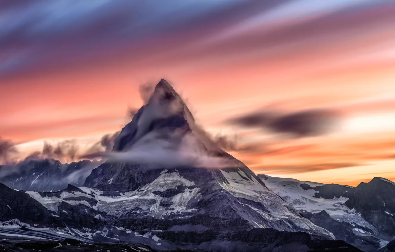 Photo wallpaper cold, the sky, clouds, light, snow, mountains, Alps, Matterhorn