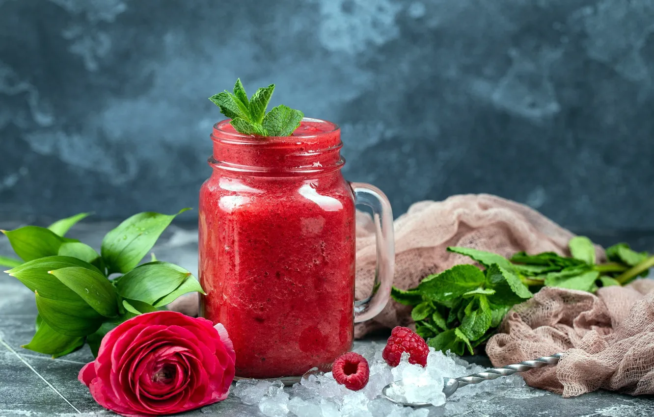 Photo wallpaper raspberry, rose, drink, mint, smoothies, berries •