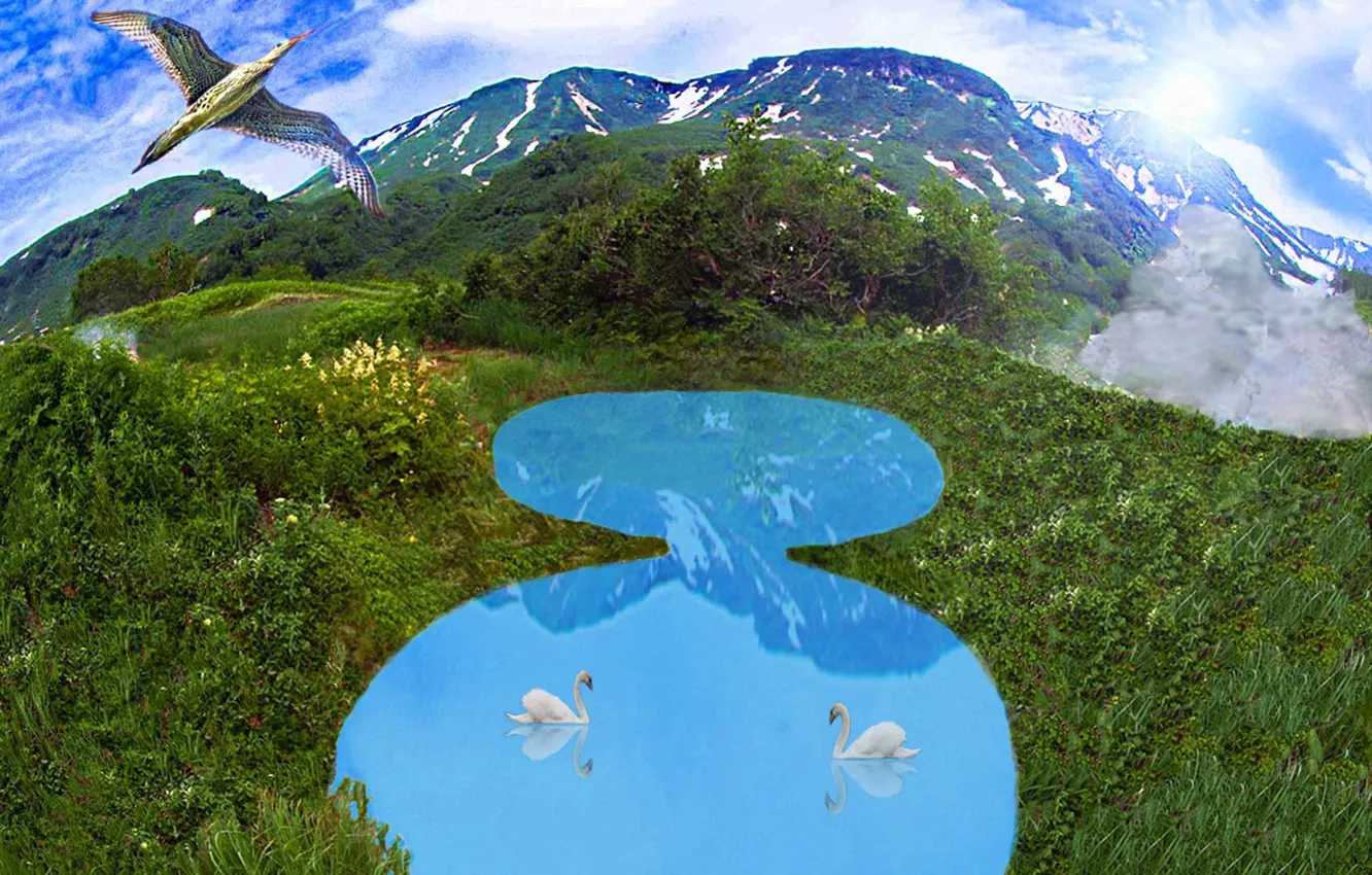 Photo wallpaper mountains, lake, bird, Kamchatka, geyser