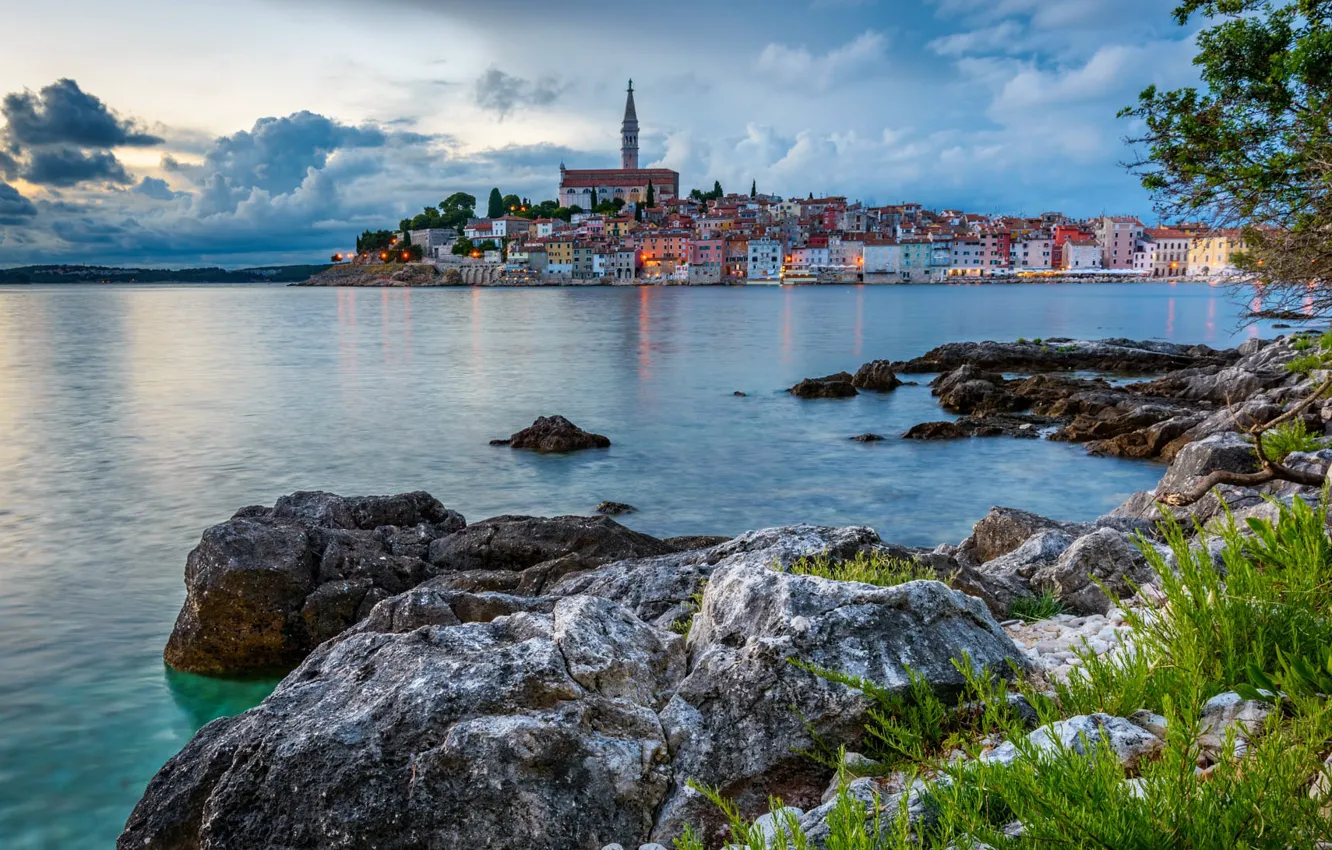 Photo wallpaper sea, the city, stones, building, home, Croatia, Rovinj, Istria