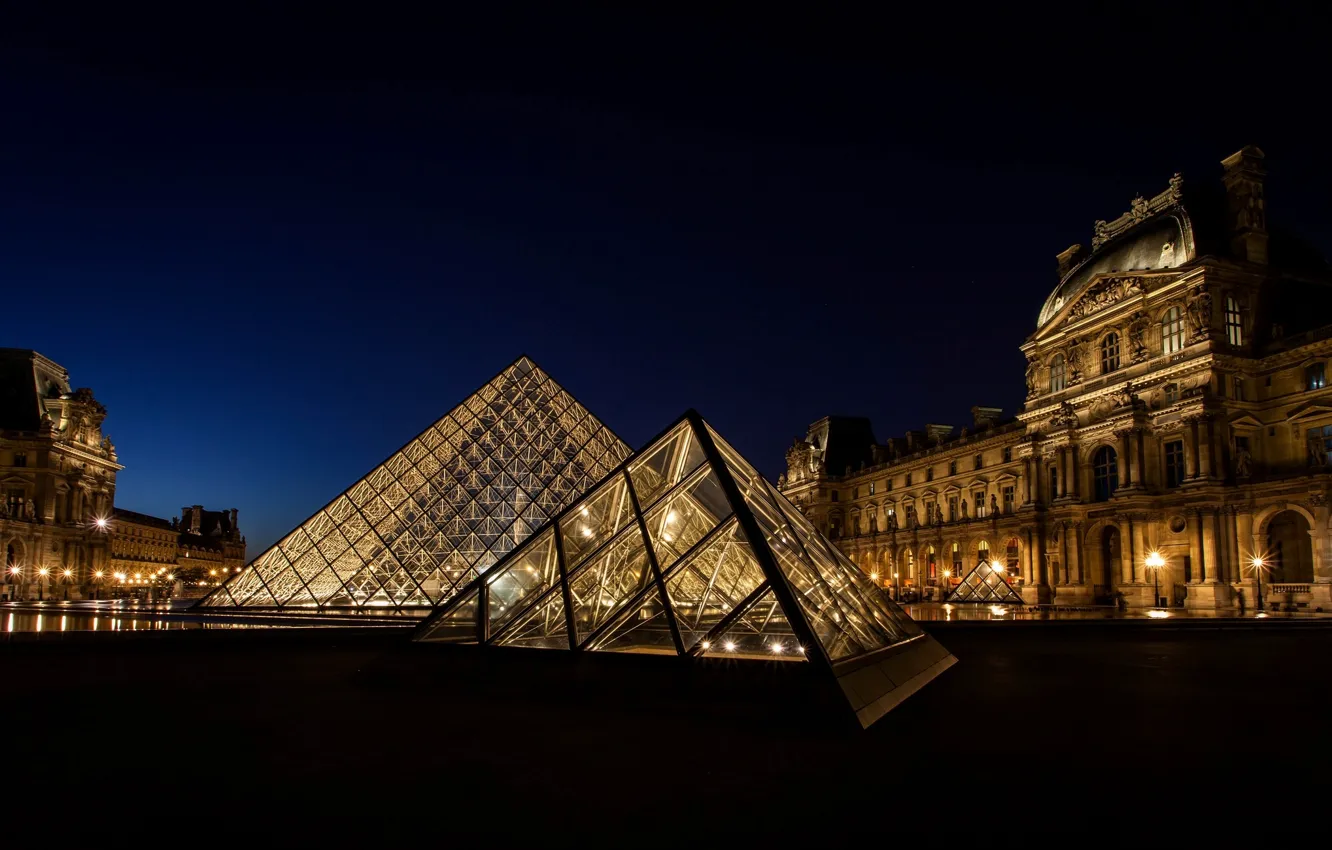 Photo wallpaper light, night, the city, France, Paris, The Louvre, lighting, pyramid