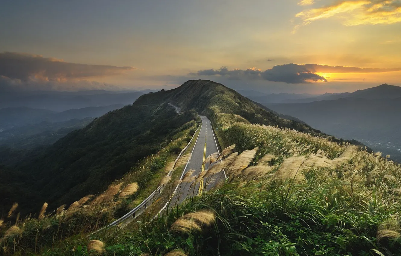Photo wallpaper road, mountains, clouds, hills