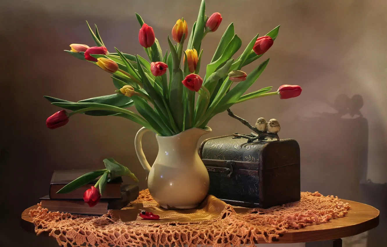 Photo wallpaper flowers, birds, table, books, tulips, vase, chest, still life