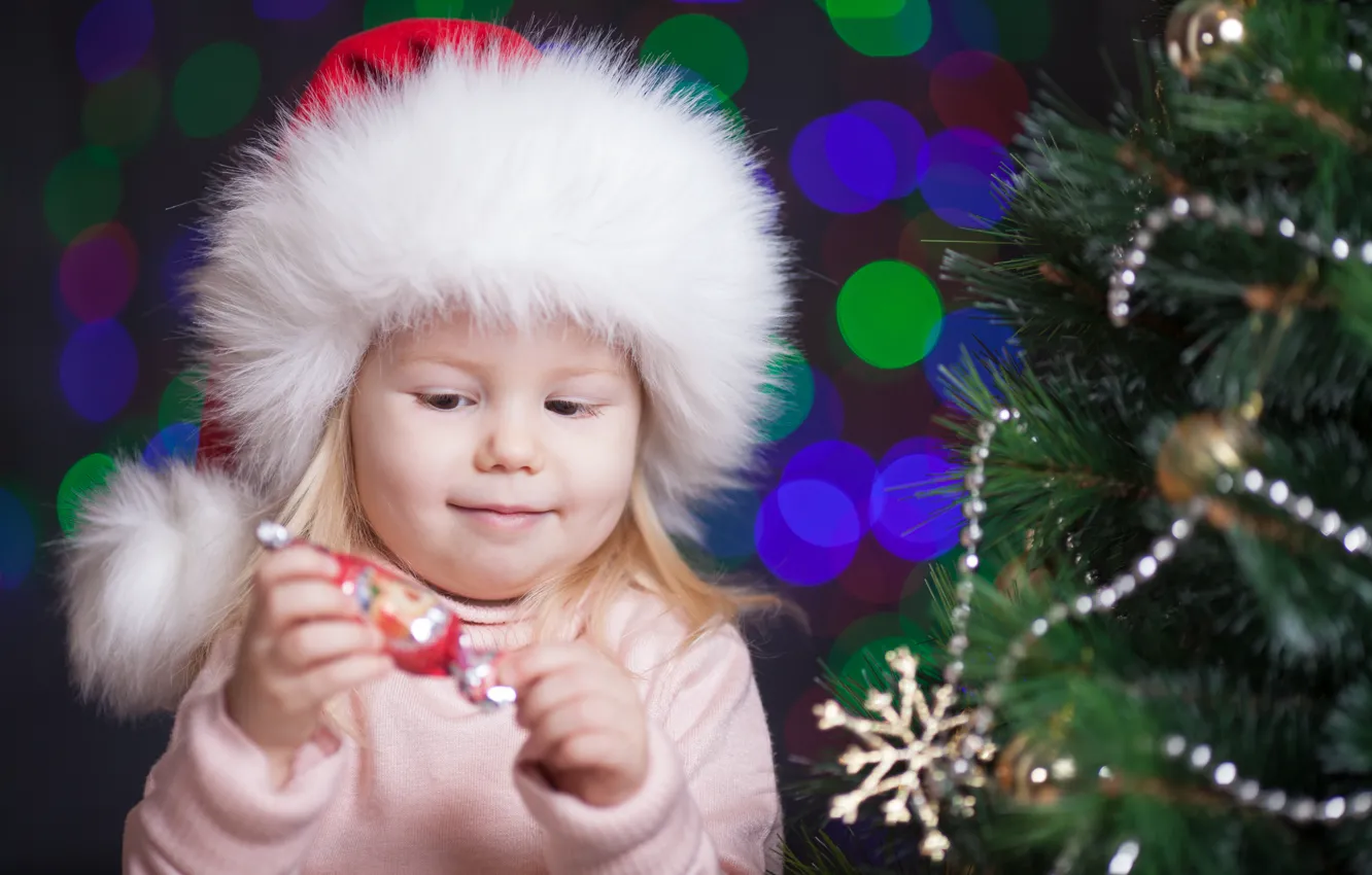 Photo wallpaper children, tree, candy, girl, cap, Christmas decorations