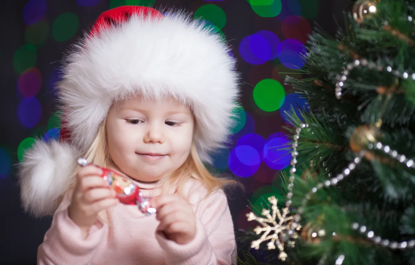 Photo wallpaper girl, tree, candy, child, cap, Christmas decorations