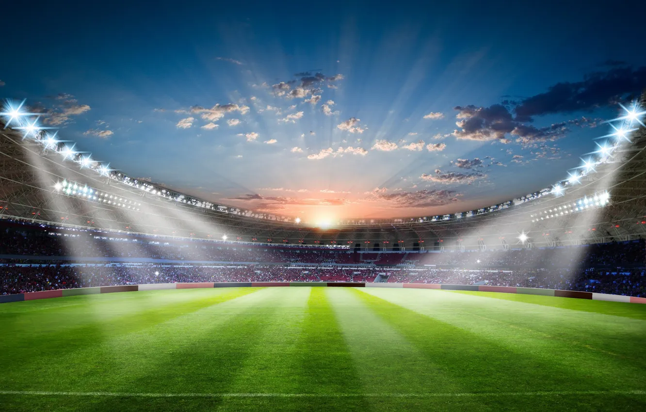 Photo wallpaper the sky, clouds, sunset, lawn, football, sport, the evening, glow