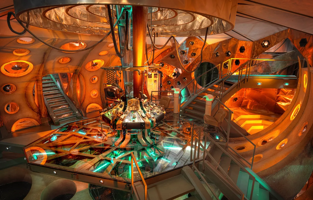 Photo wallpaper light, orange, devices, ladder, console, the TARDIS