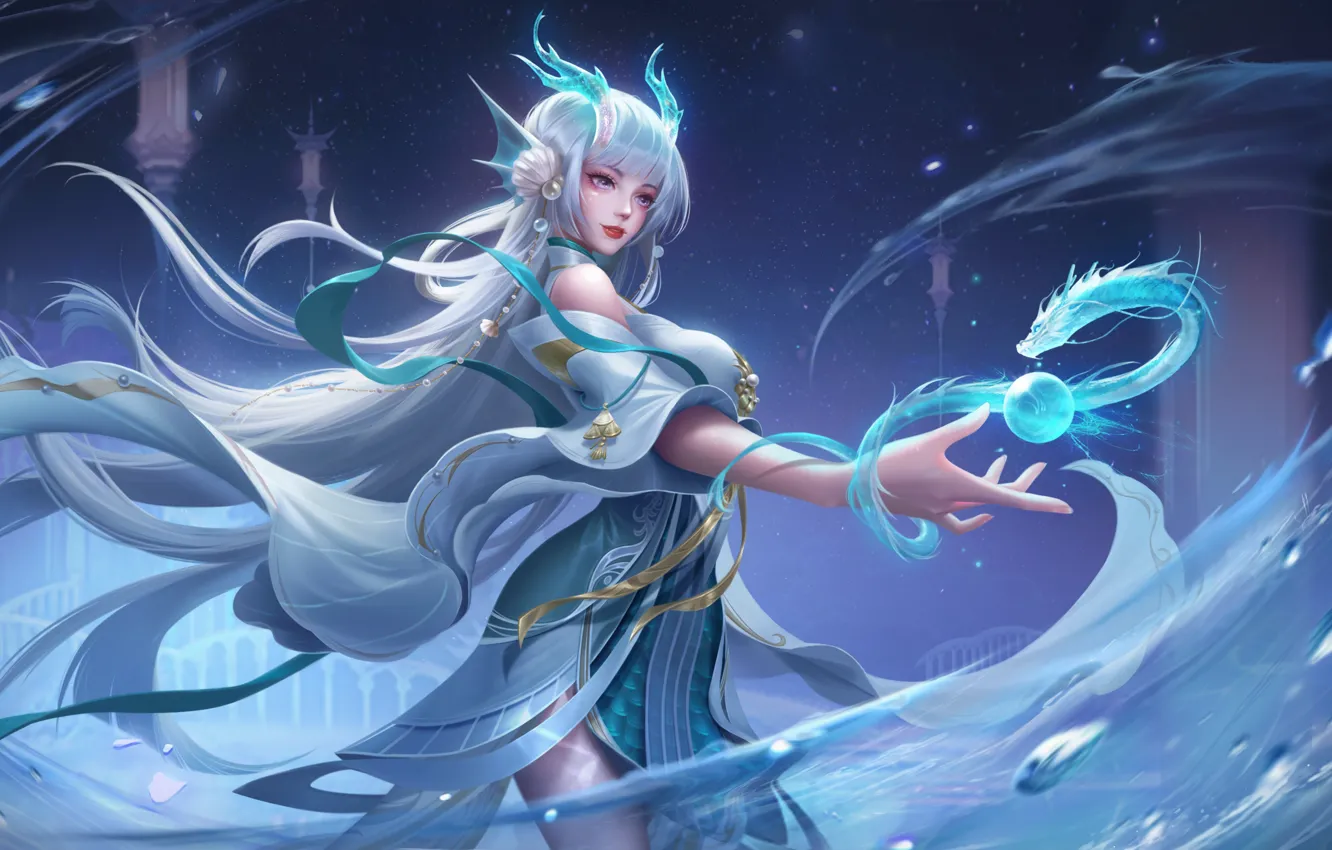 Photo wallpaper water, girl, magic, dragon, fantasy, Honor of Kings, Xi Shi