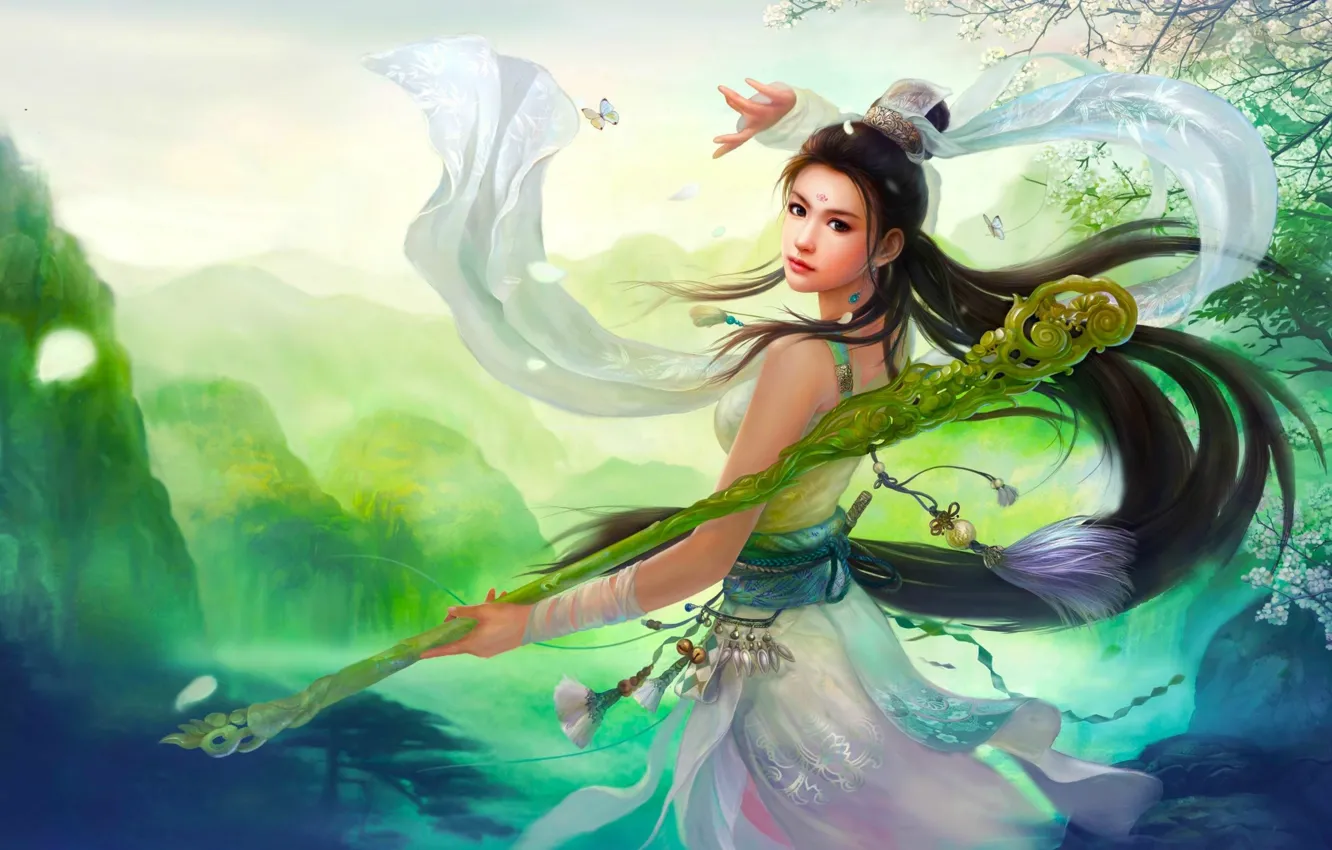 Photo wallpaper girl, the game, fantasy, art, China, staff, skill