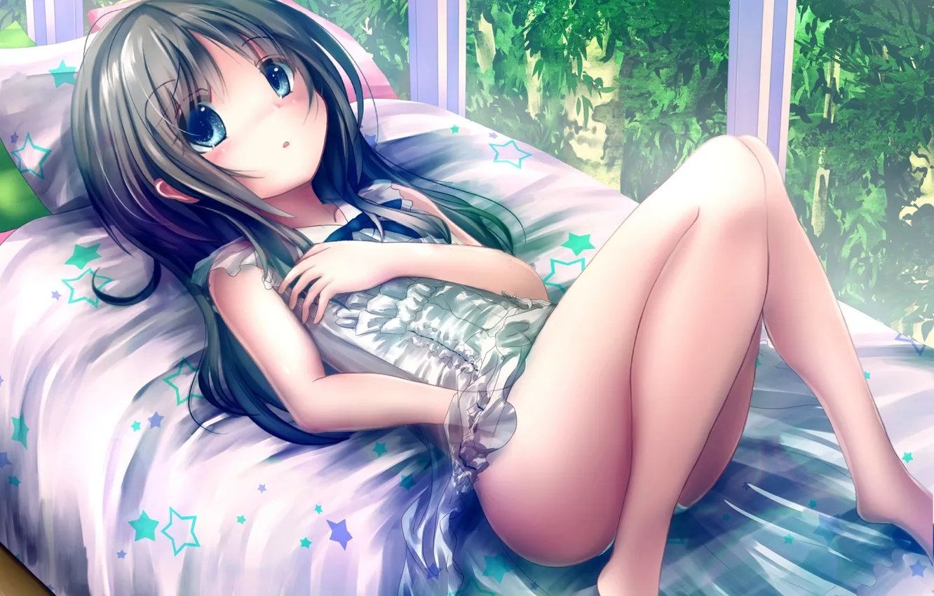 Photo wallpaper look, trees, surprise, girl, bed, art, apple228