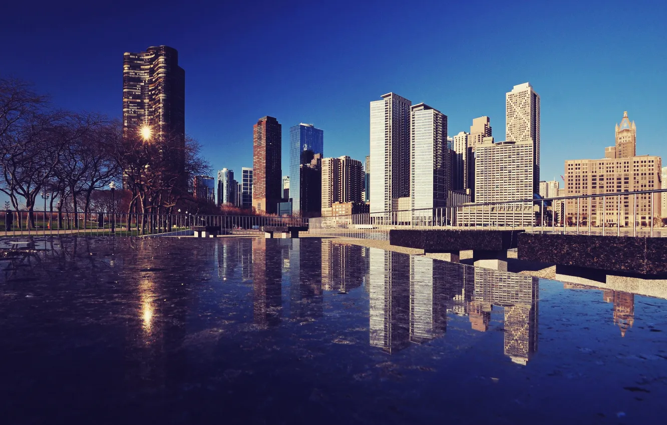 Photo wallpaper the city, reflection, river, skyscrapers, Chicago, Illinois