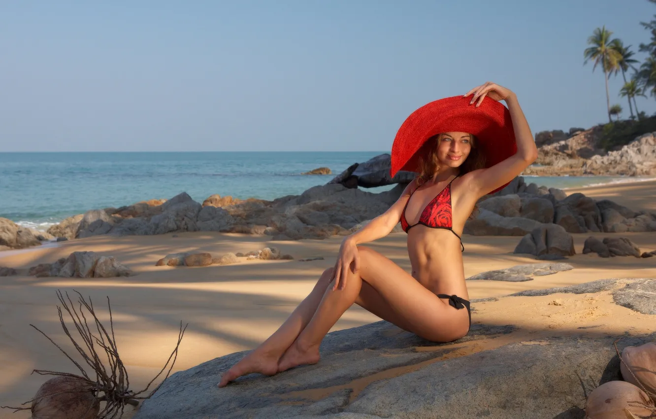 Photo wallpaper sea, beach, swimsuit, girl, smile, stones, hat