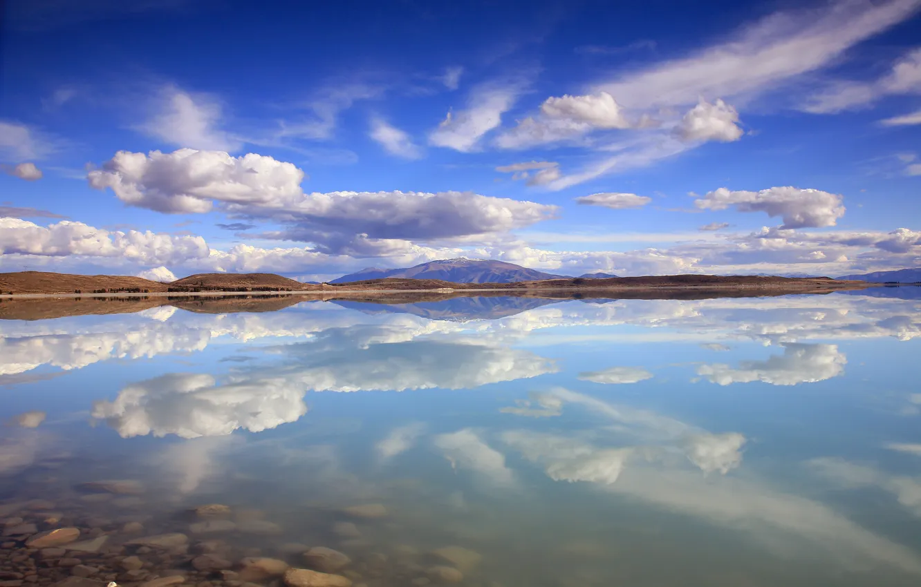 Photo wallpaper the sky, clouds, mountains, lake, reflection, mirror