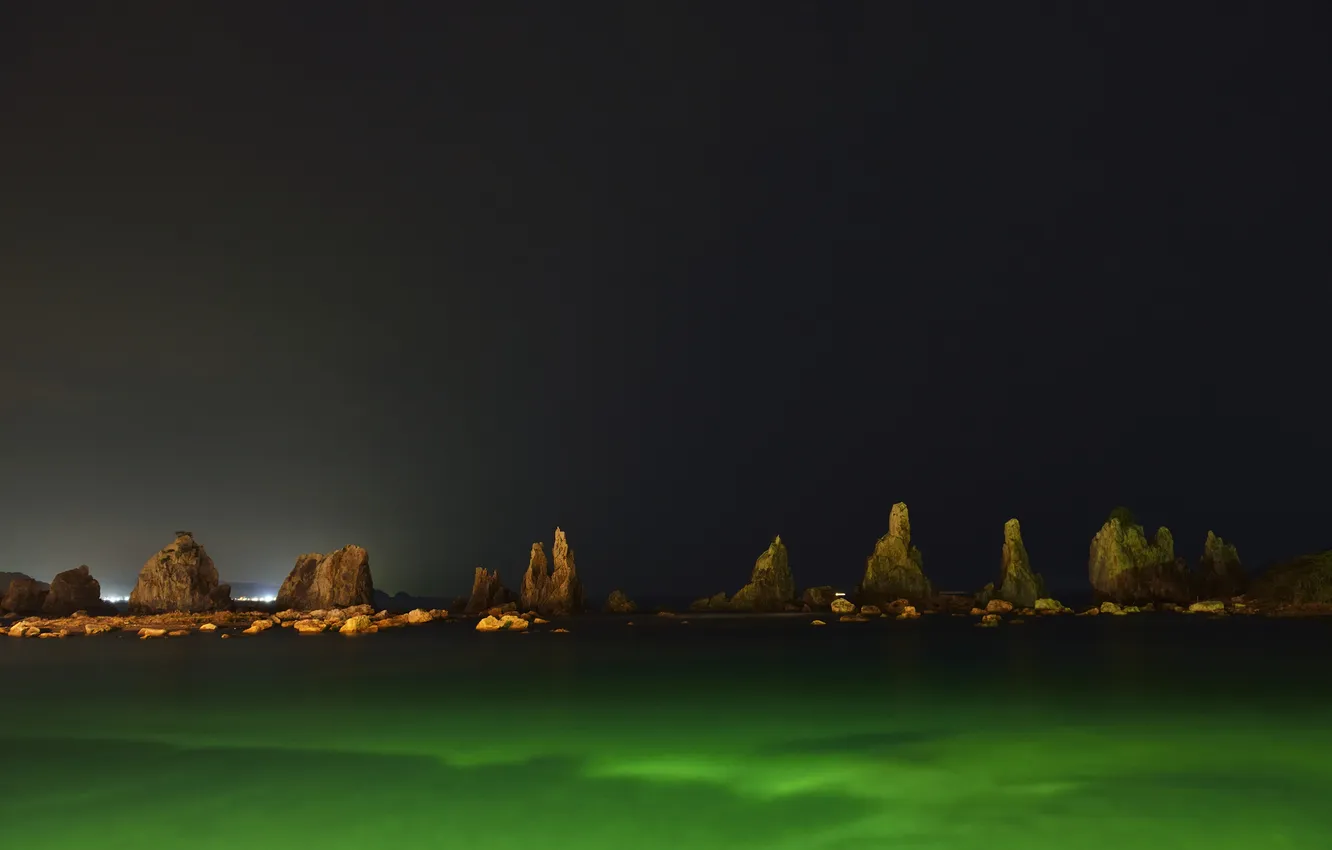 Photo wallpaper sea, the sky, light, night, lake, stones, rocks