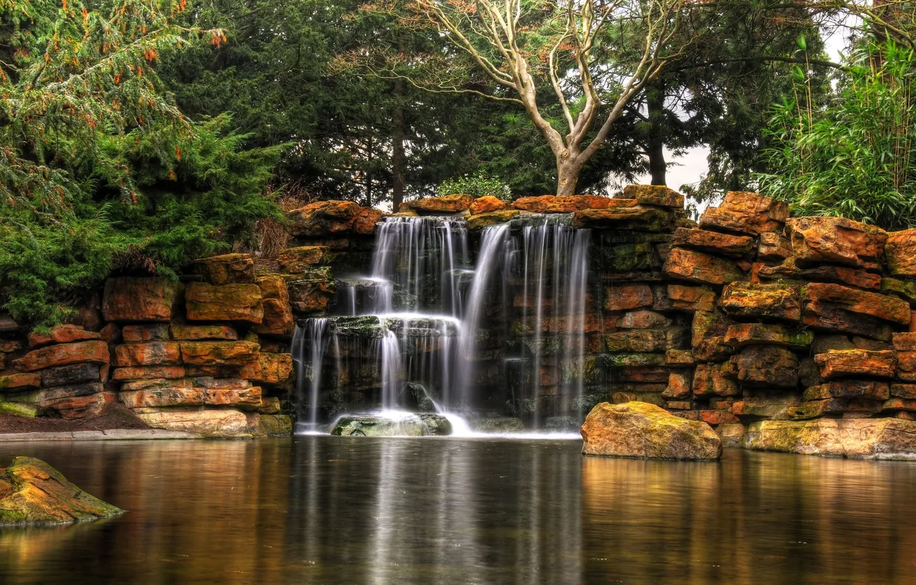 Photo wallpaper trees, stones, waterfall