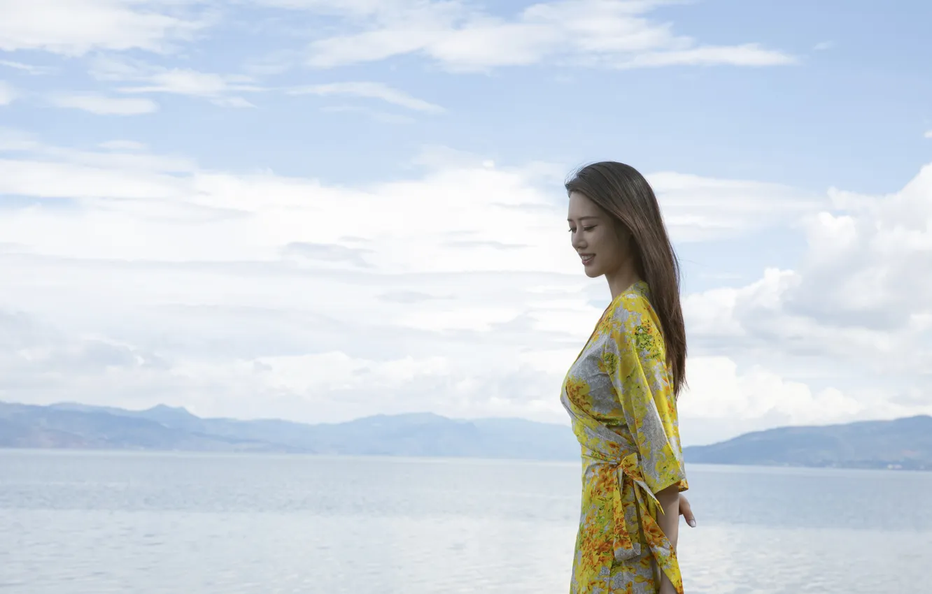 Photo wallpaper woman, smile, water, beautiful, clouds, mountain, lake, model