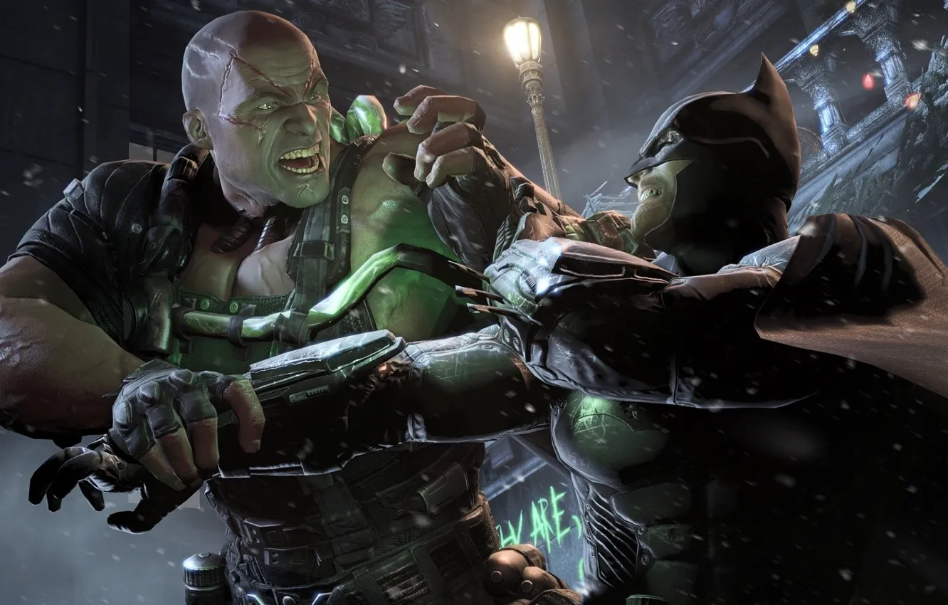 Photo wallpaper snow, the game, battle, mask, hero, fight, costume, Batman