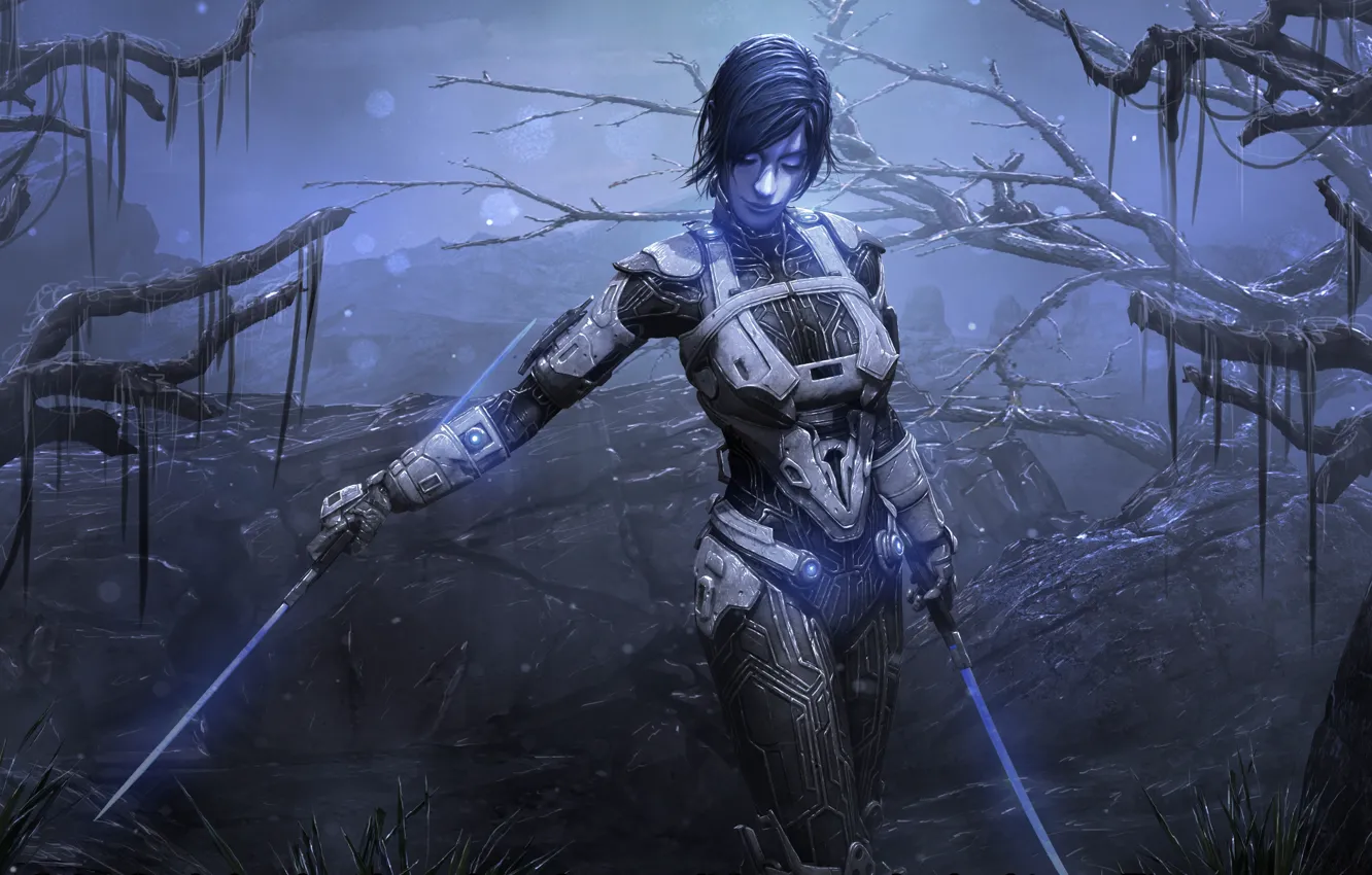 Photo wallpaper forest, girl, trees, fiction, sword, blade, art, costume