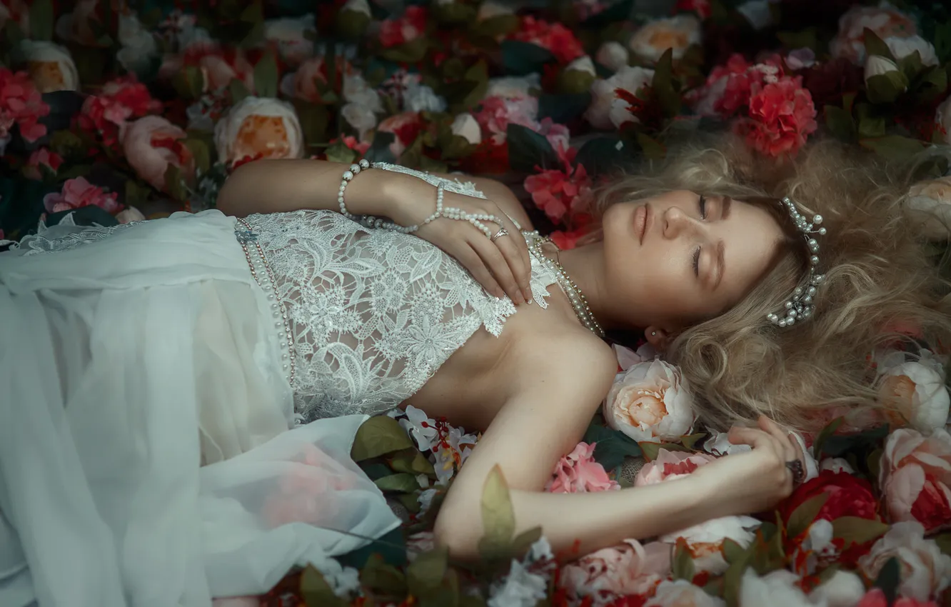 Photo wallpaper girl, decoration, flowers, nature, pose, fantasy, blonde, lies