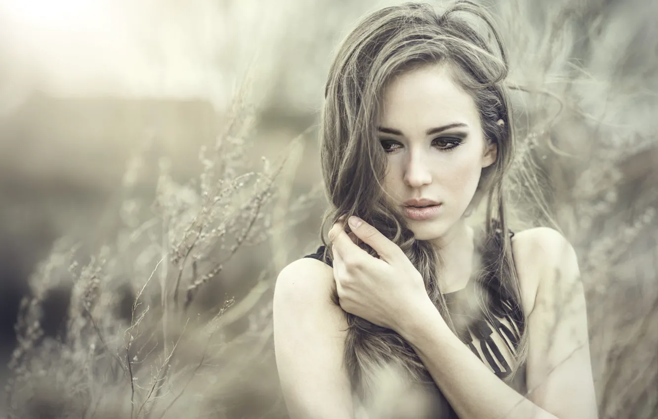 Photo wallpaper grass, look, girl, nature, makeup, Rus