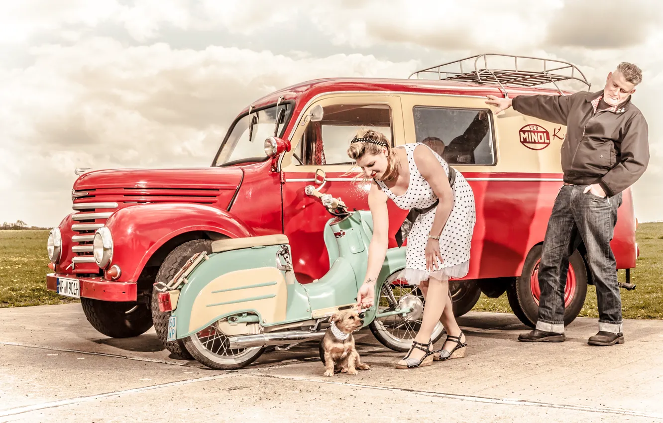 Photo wallpaper auto, girl, retro, Moto, dog, vintage