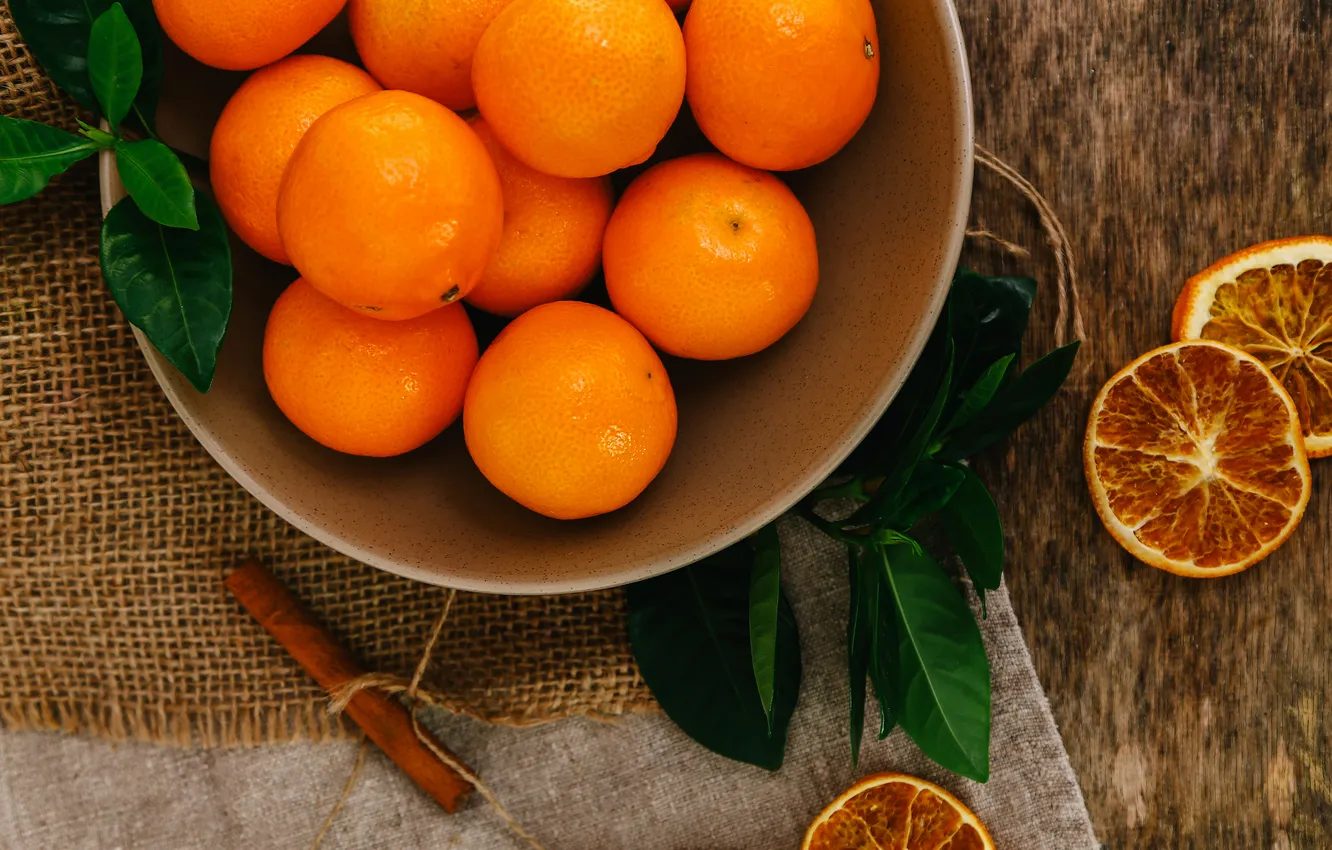 Photo wallpaper leaves, Board, bowl, fruit, cinnamon, burlap, composition, tangerines