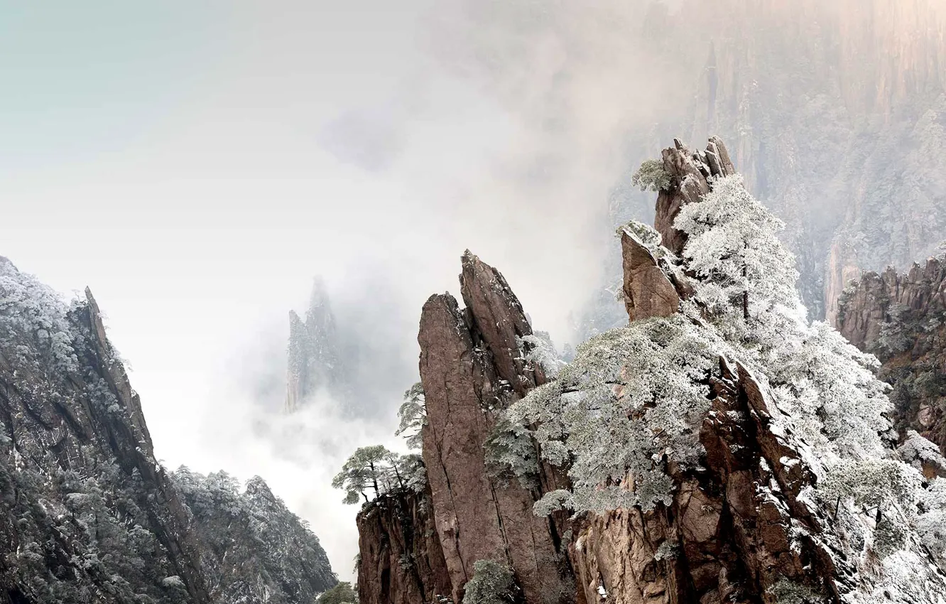 Photo wallpaper winter, mountains, fog, rocks, China, Anhui, Huangshan morning