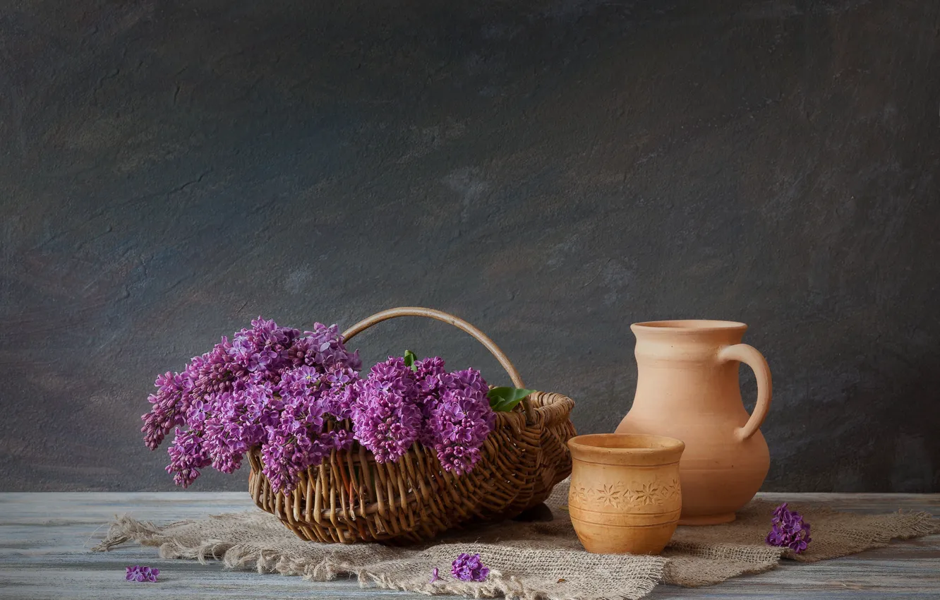 Photo wallpaper flowers, bouquet, Basket, pitcher, lilac