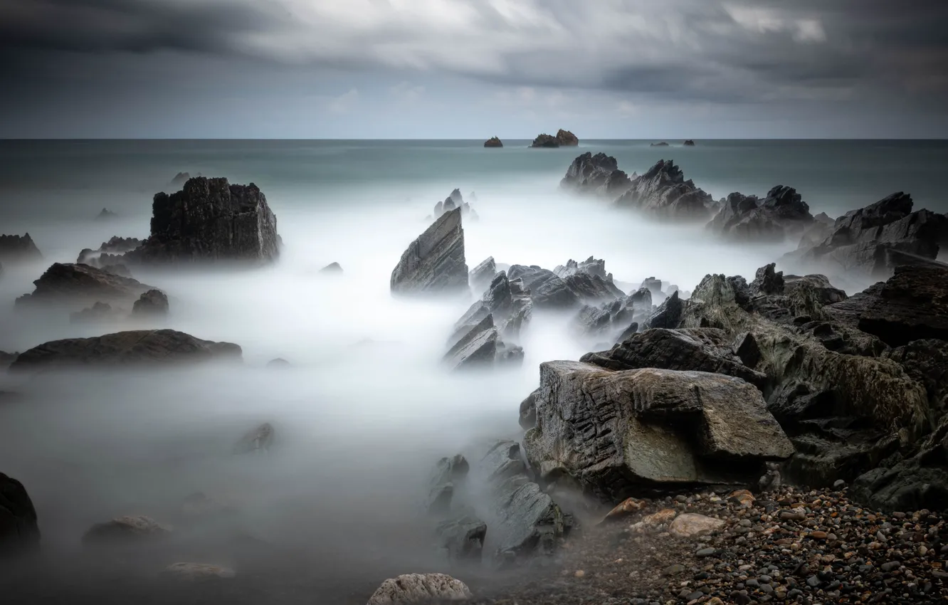 Photo wallpaper sea, the sky, clouds, fog, stones, rocks, shore, surf