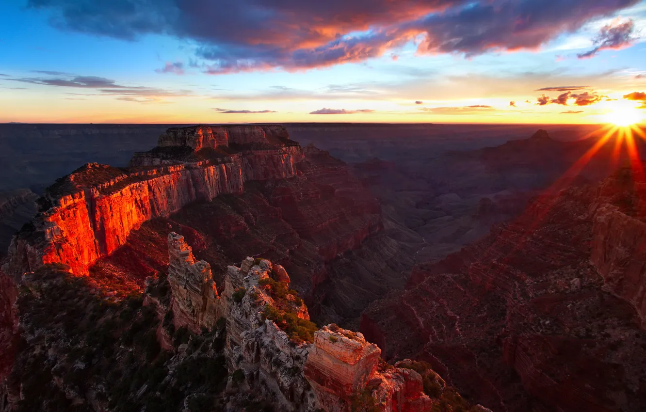 Photo wallpaper the sky, the sun, sunset, mountains, canyon