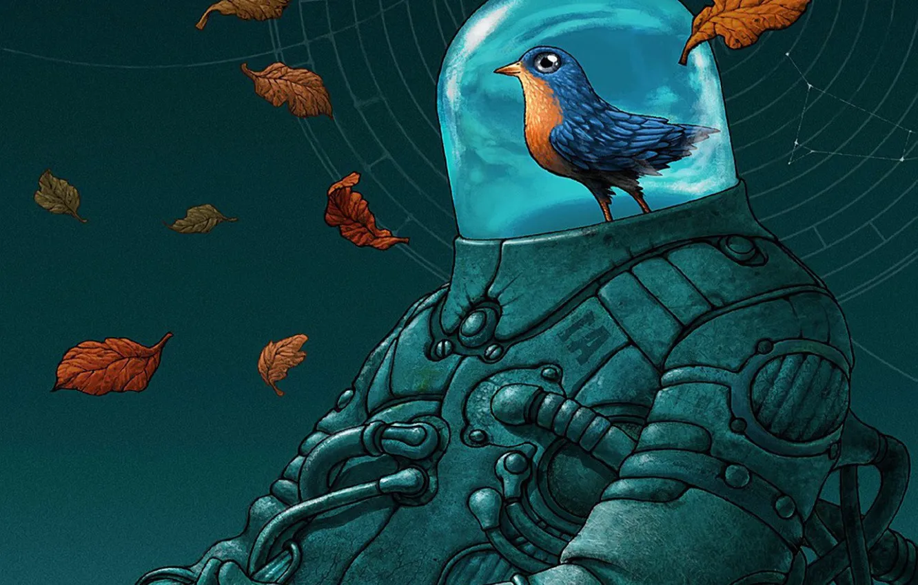 Photo wallpaper leaves, bird, robot