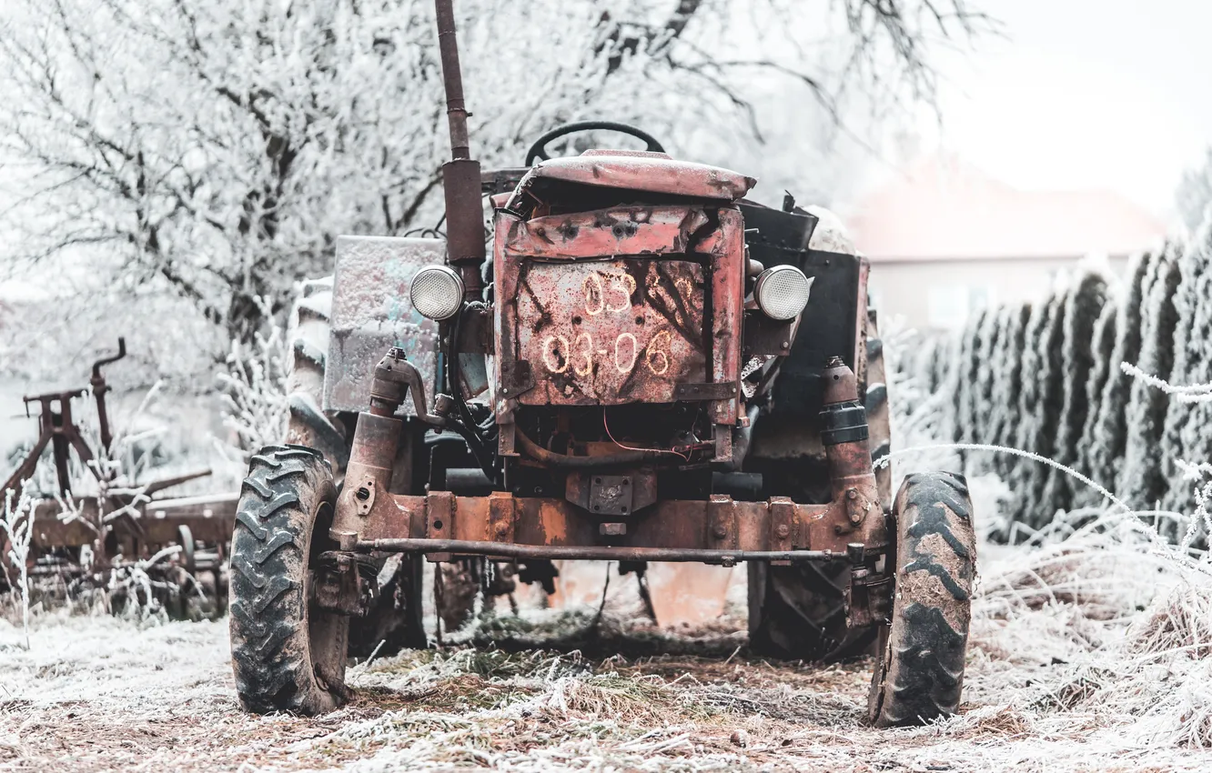 Photo wallpaper winter, tractor, abandoned, rust