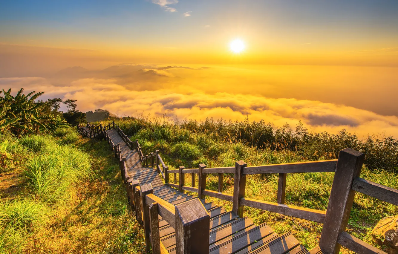 Photo wallpaper the sun, mountains, fog, ladder, Thailand