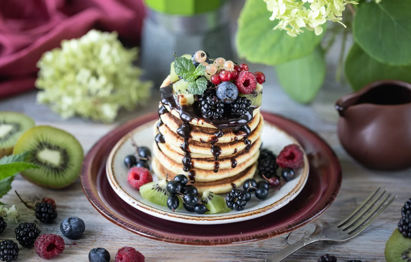 Photo wallpaper pancakes, Karina Klachuk, plate, berries, chocolate