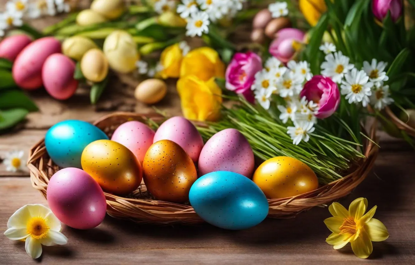 Photo wallpaper flowers, eggs, spring, colorful, Easter, flowers, spring, Easter