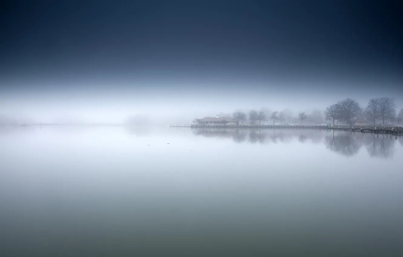 Photo wallpaper fog, lake, shore, morning