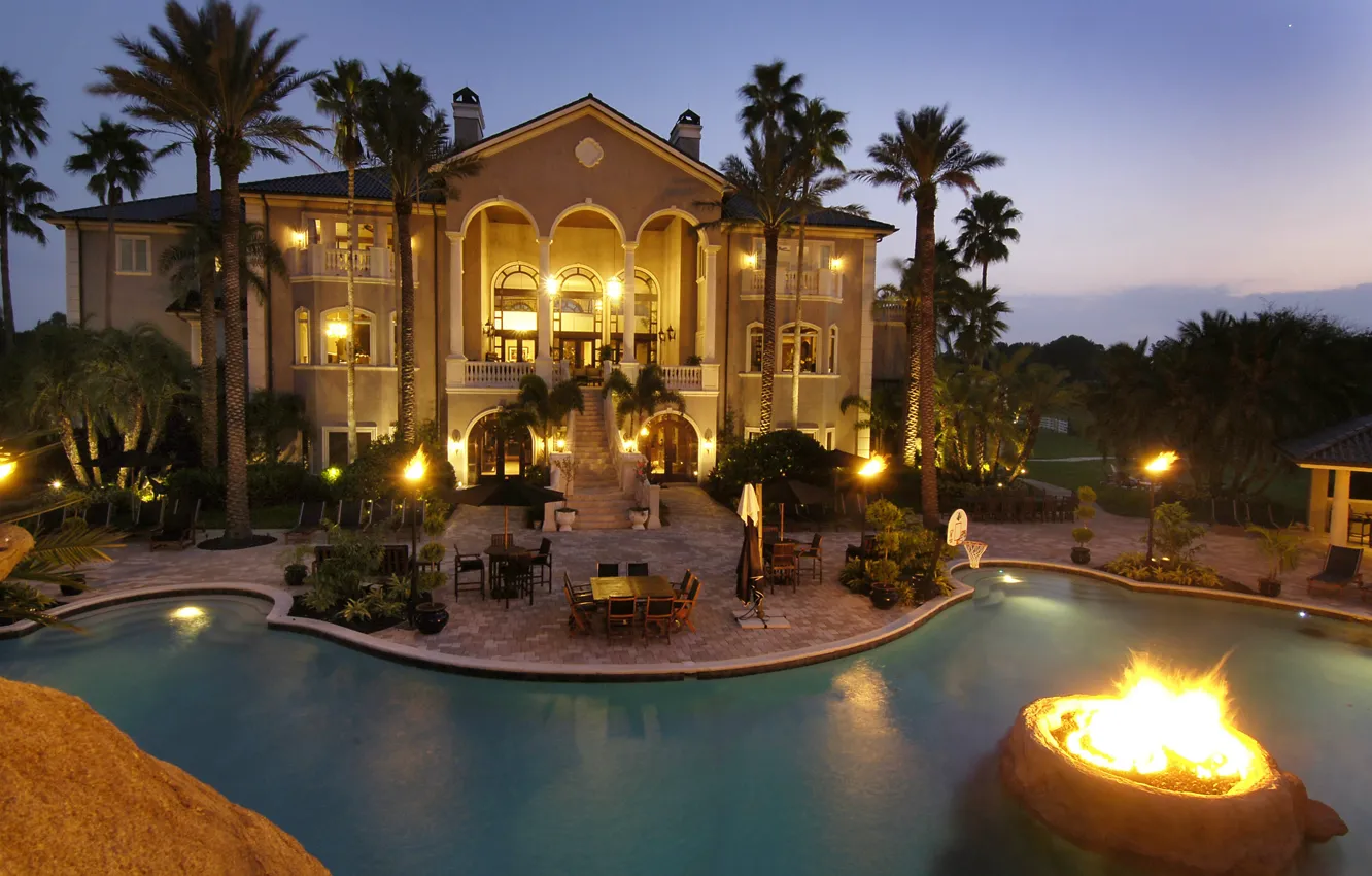 Photo wallpaper palm trees, the evening, pool, lighting, architecture, mansion, luxury villa