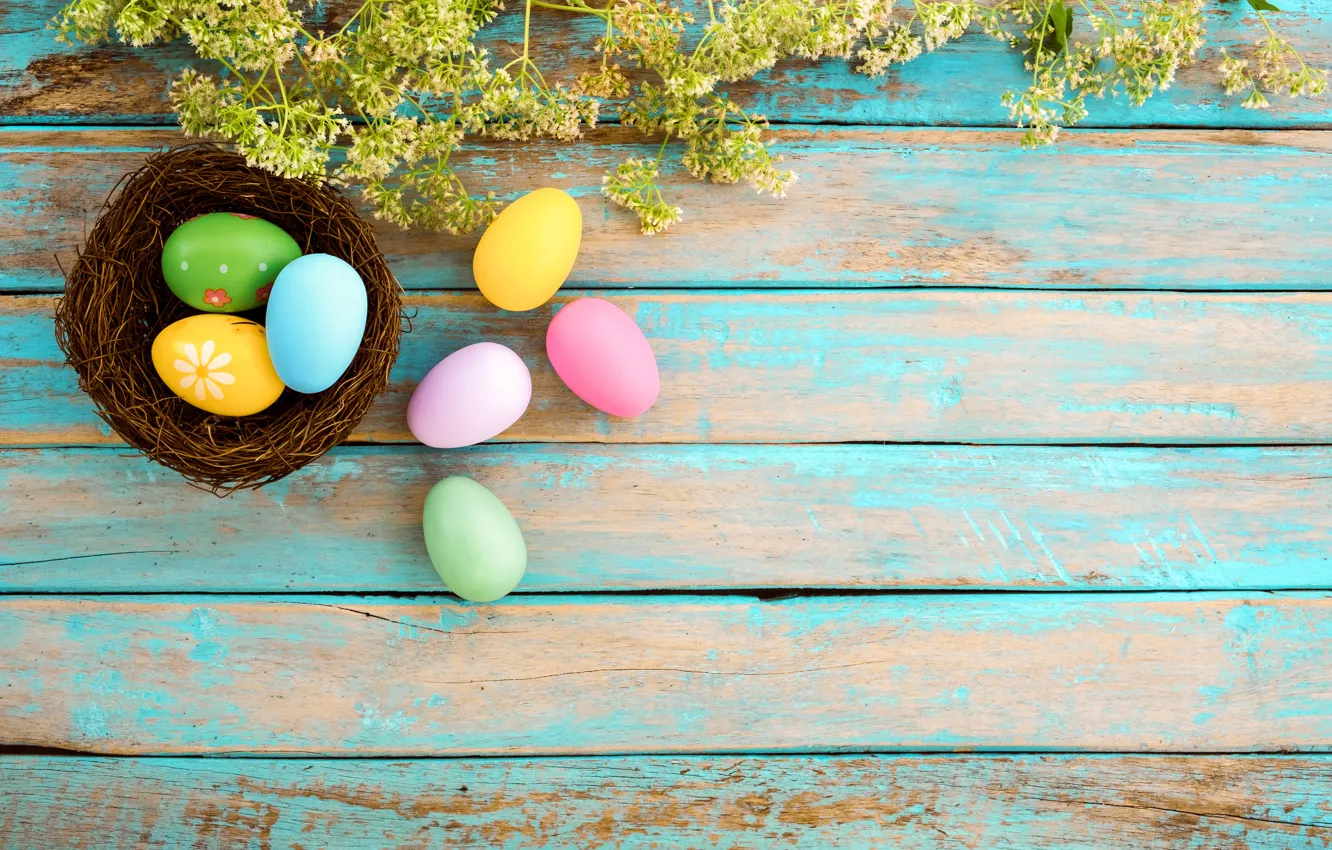 Photo wallpaper flowers, basket, eggs, spring, colorful, Easter, wood, pink