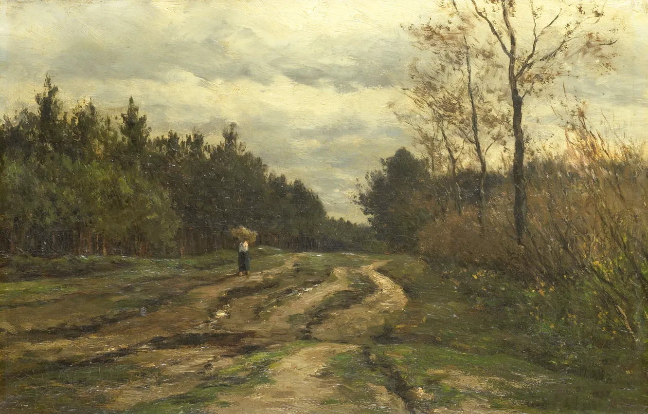 Photo wallpaper landscape, oil, picture, canvas, 1897, Willem Roelofs, Willem Roelofs, Country road in Laren