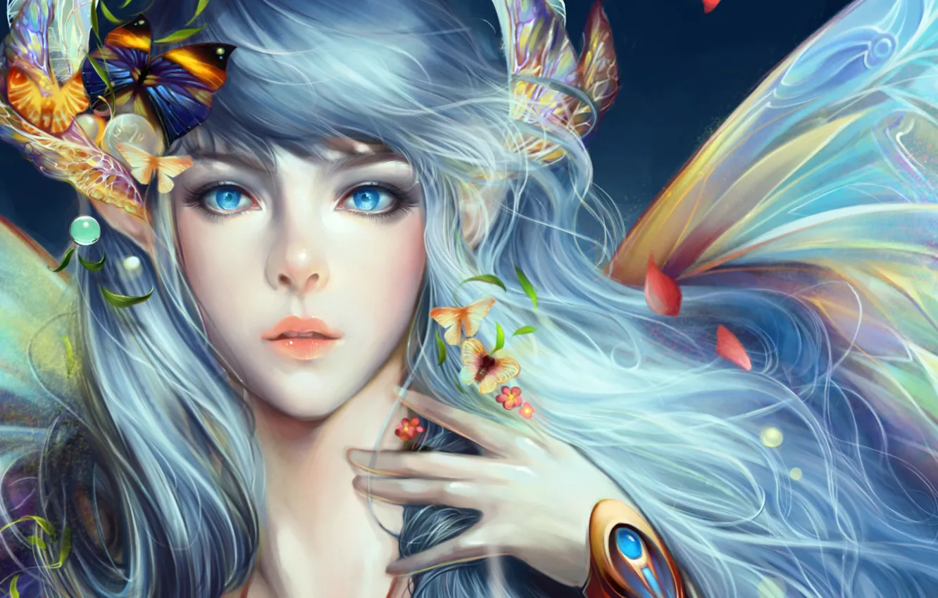 Photo wallpaper girl, flowers, butterfly, wings, petals, art, angelos