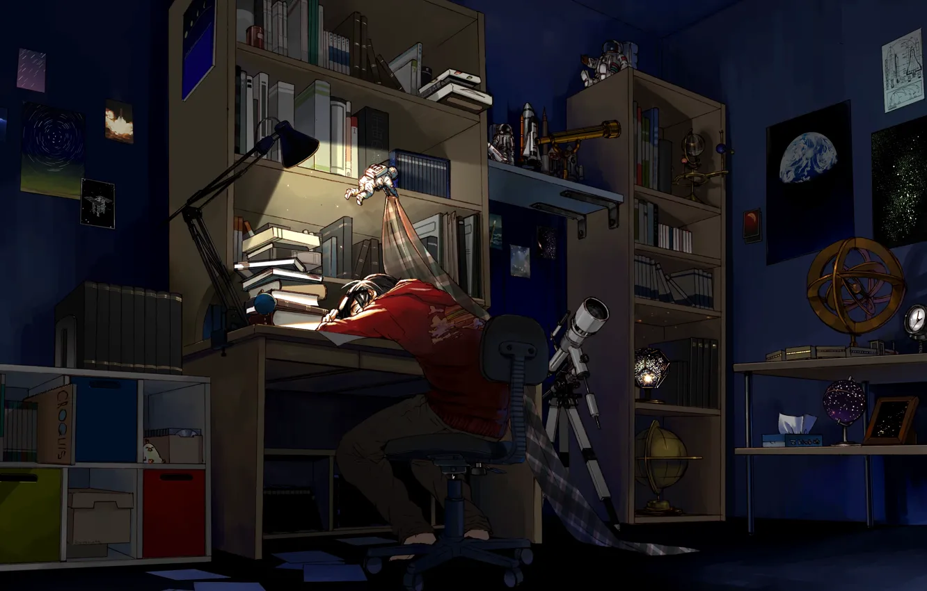 Photo wallpaper night, room, books, sleep, anime, art, guy, telescope