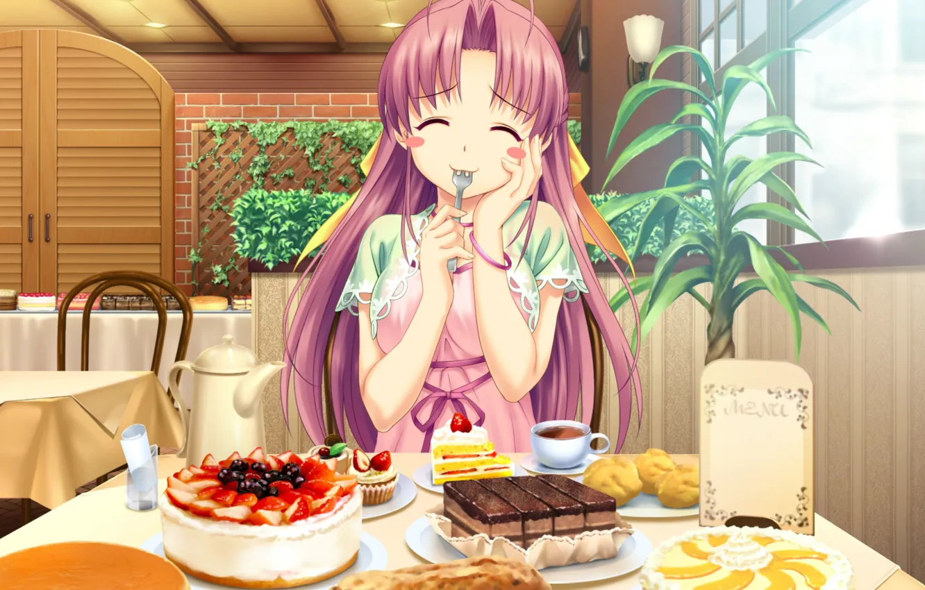 Photo wallpaper table, kettle, cake, plug, yummy, cakes, closed eyes, tropical kiss