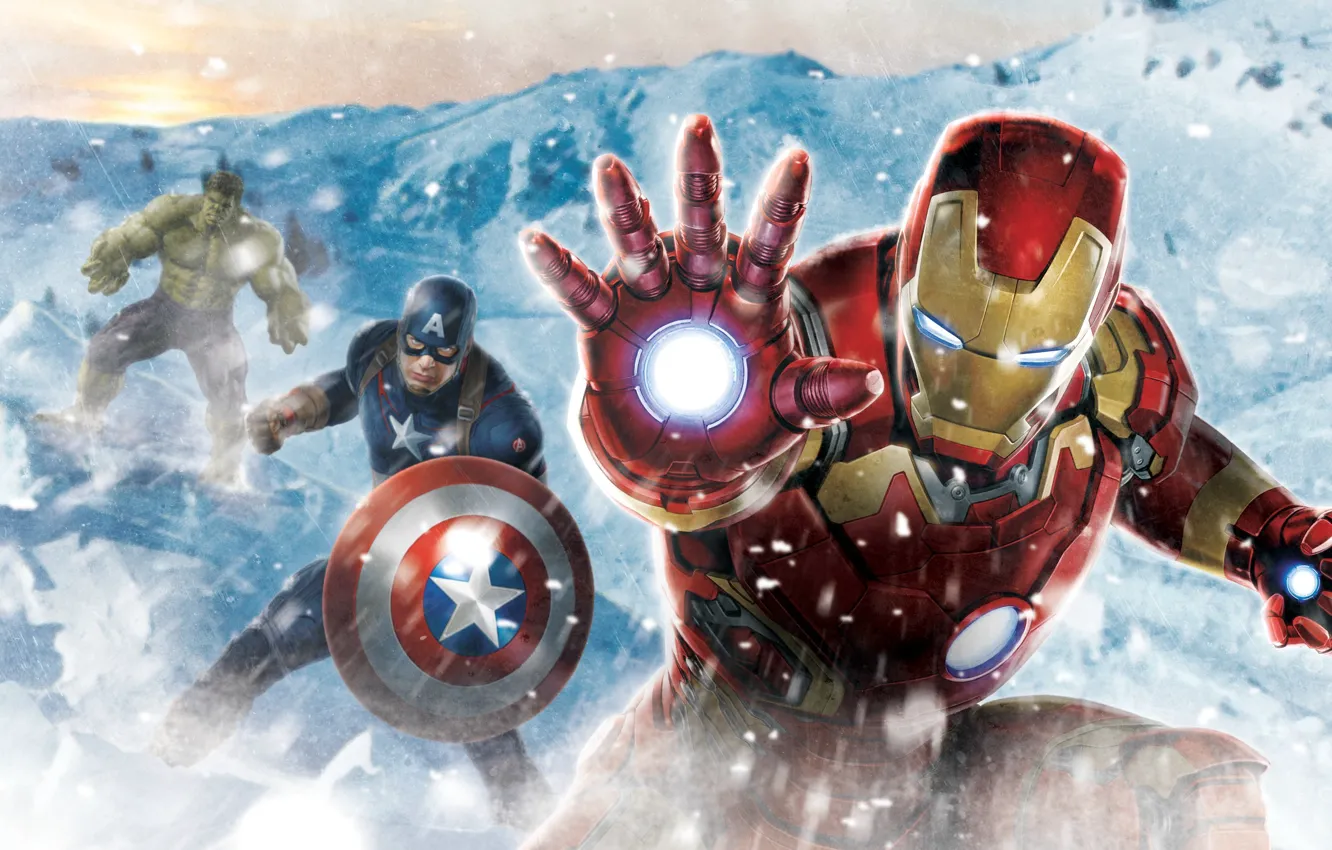Photo wallpaper cold, snow, Hulk, iron man, captain America, the Avengers, avengers