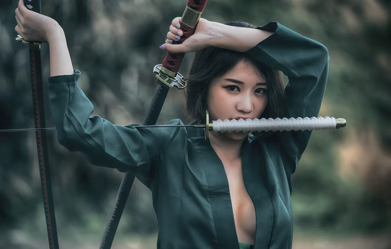 Photo wallpaper look, face, sword, katana, Asian