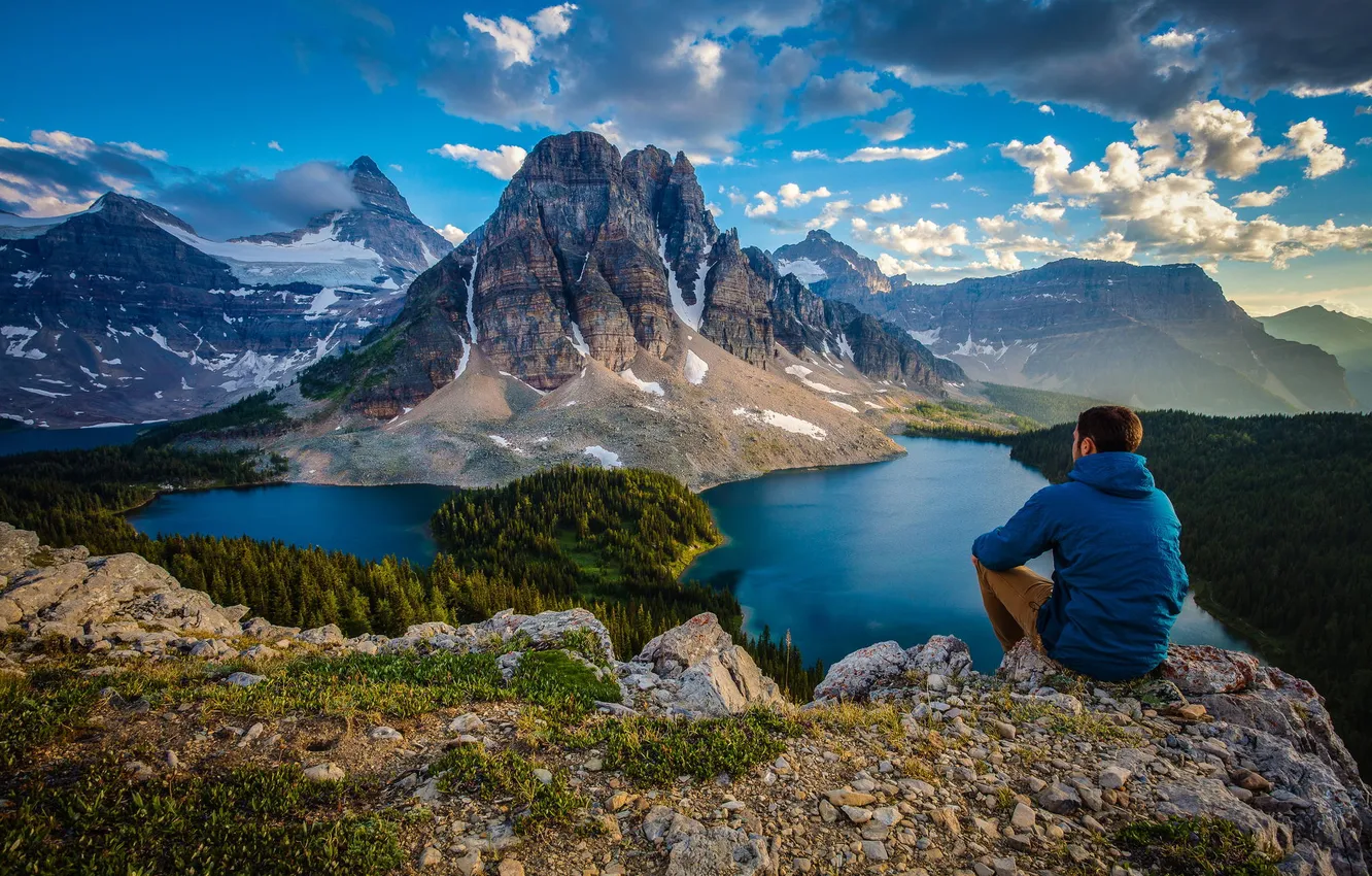 Photo wallpaper snow, landscape, mountains, nature, lake, guy